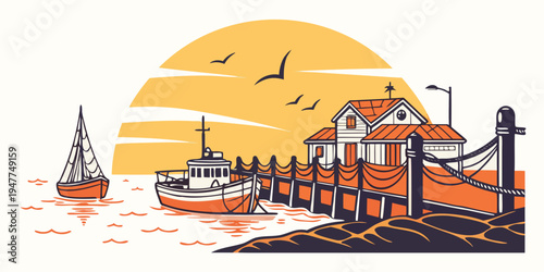 A house on the shore with a boat and a sailboat Vector