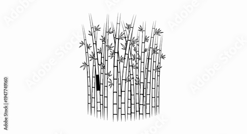 Stylized black and white illustration of a thick cluster of bamboo stalks with sparse leaves