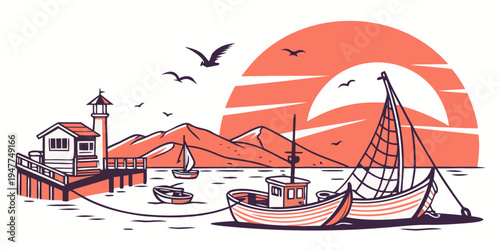 A serene coastal scene with a sailboat and lighthouse at sunset Vector