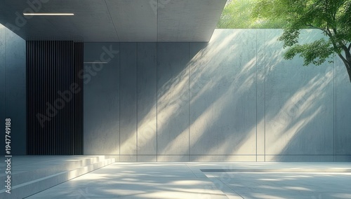 minimal modern concrete courtyard with open skylight, sunbeams and dappled tree shadows on smooth walls and steps, serene peaceful atmosphere
