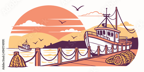 A large boat sitting on a dock at sunset Vector