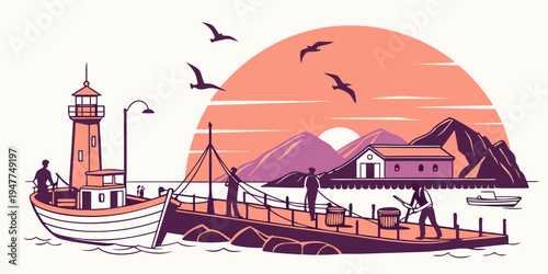 A picturesque harbor with a lighthouse and boats Vector