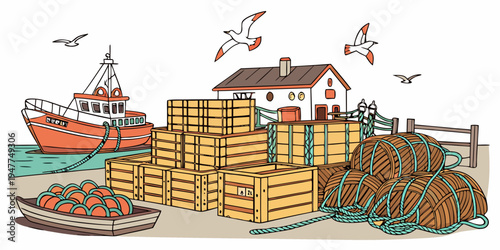 Fishing village with boats and wooden crates Vector