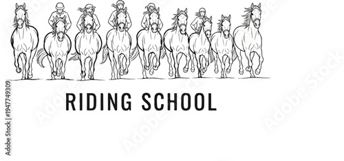 Stylized line art of horses with riders in motion, text below