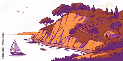 Sailboat on a serene body of water near a cliff Vector