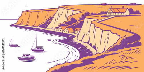 A scenic cliffside by the sea with boats Vector