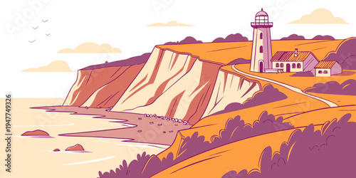A pixel art lighthouse on a cliff by the sea Vector