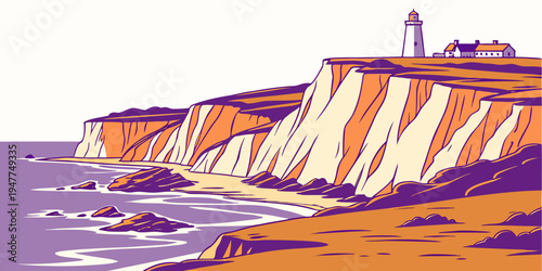 A pixelated lighthouse on a cliffside by the sea Vector