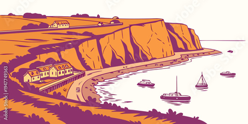 A scenic cliffside town by the sea with boats Vector