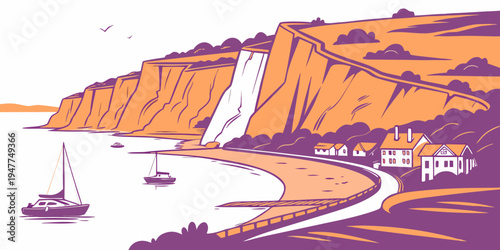 A serene coastal scene with a sailboat and a cliffside town Vector