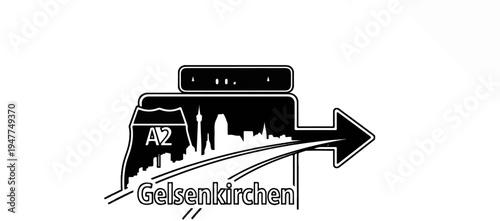 Stylized highway sign pointing right, indicating a city with a skyline silhouette