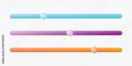 A colorful graphic design featuring three horizontal gradient bars with spheres on a white background