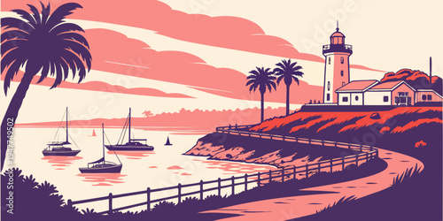 A lighthouse on a hill overlooking a body of water with boats Vector