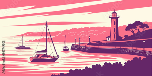 A serene lighthouse by the sea with sailboats Vector