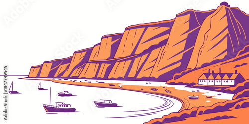 A large rocky cliffside with boats in the water Vector