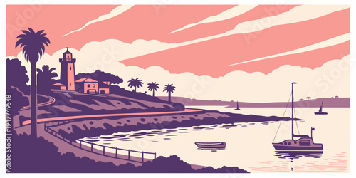 A sailboat floats on calm waters near a scenic coastal town Vector