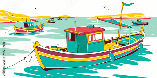 A colorful fishing boat floating on the water Vector