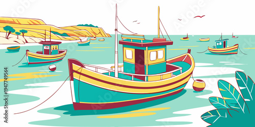 A colorful boat floating on the water Vector