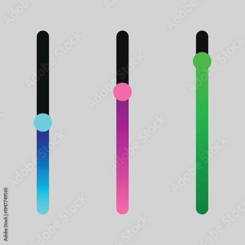 A colorful graphic design featuring three vertical progress bars with different colored gradients and sliders