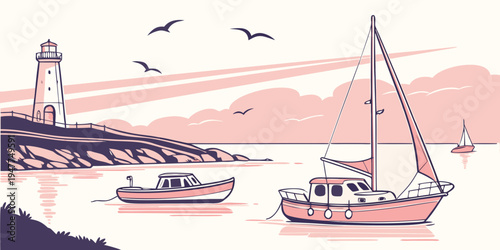 Boats sailing near a lighthouse by the sea Vector