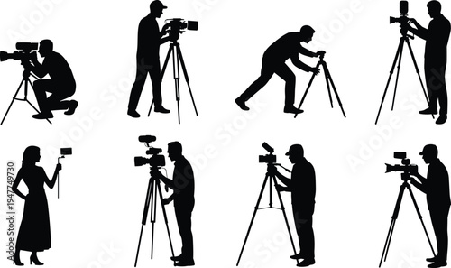 Collection of videographer and cameraman silhouettes operating video cameras on tripods, professional filmmaking, media production, broadcasting, and video recording crew isolated on white background