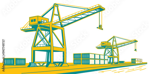 A large crane and a smaller crane with containers Vector