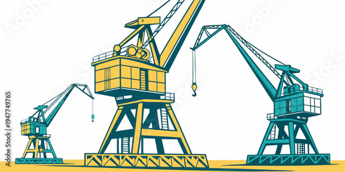 Three large cranes standing side by side on a flat surface Vector