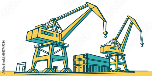 Two large cranes are lifting a container Vector