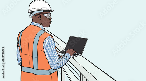 A construction worker stands on a site using a laptop to view plans. He wears a safety vest and helmet while working.