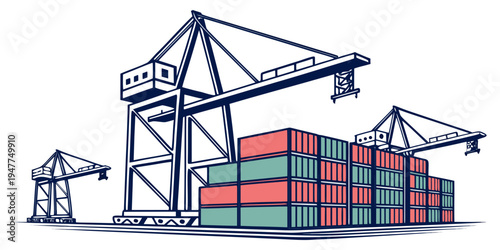 A large stack of shipping containers next to cranes Vector