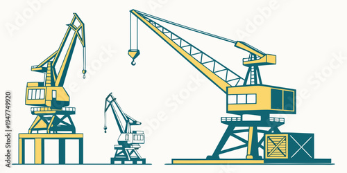 Three yellow and blue cranes on a construction site Vector