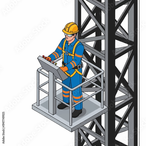 Worker in safety gear operating machinery on a platform at a height.