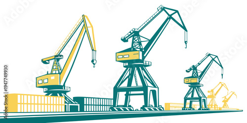 Cranes and containers at a port facility Vector
