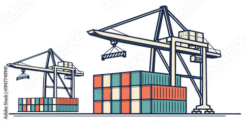 A cargo port with cranes and shipping containers Vector