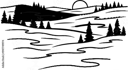 Stylized black and white illustration of a winter landscape with rolling hills, trees, and sun