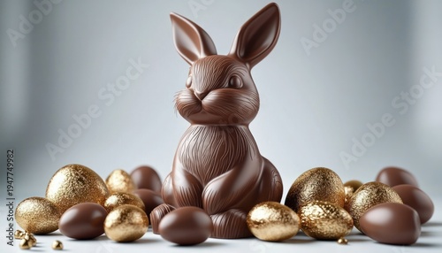 milk chocolate bunny surrounded by shiny gold eggs and smooth chocolate eggs on a minimalist light background, evoking festive joyful indulgence