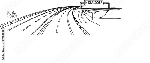 Stylized line drawing of a highway interchange with a directional sign