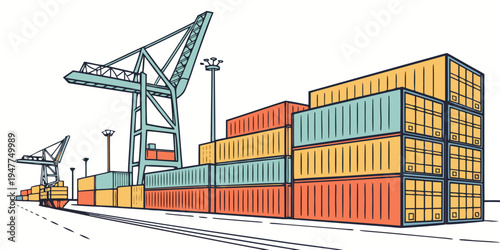 A large cargo container terminal with cranes and stacked shipping containers Vector
