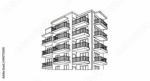 Stylized line drawing of a modern apartment building with multiple balconies