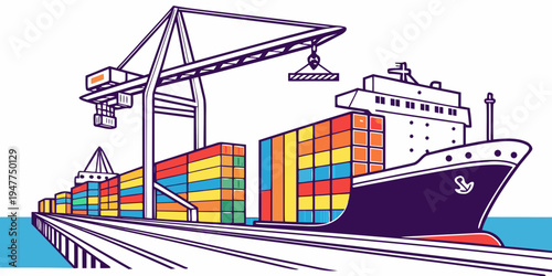 A large cargo ship with colorful containers on the deck Vector