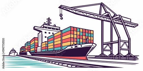 A large cargo ship loaded with colorful shipping containers Vector