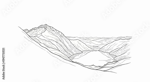 Stylized line drawing of a mountain range with a lake and rolling hills