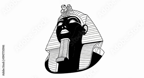 Stylized black and white illustration of an Egyptian pharaoh's head with cobras