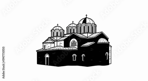 Stylized black and white illustration of an Orthodox church with multiple domes