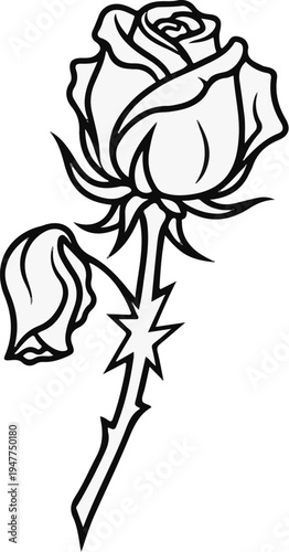 Stylized line drawing of a single rose with a drooping petal and thorny stem