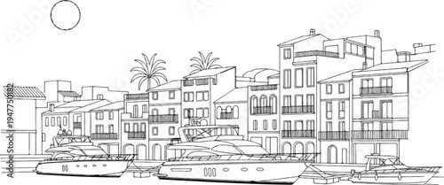 Stylized line drawing of a sunny harbor with yachts and buildings
