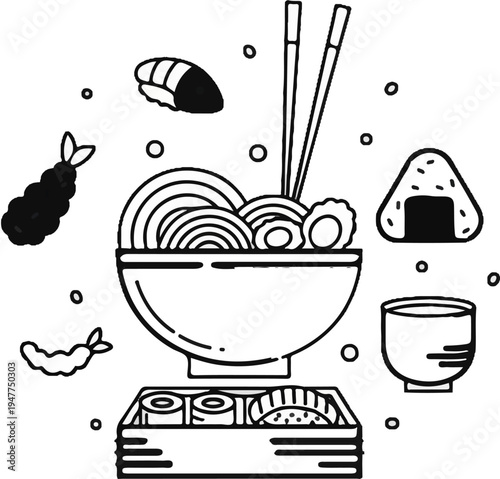 Stylized line drawing of various Japanese dishes, including ramen, sushi, and tempura