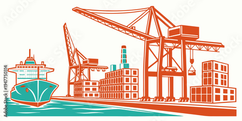 A large cargo ship docked at a port with cranes Vector