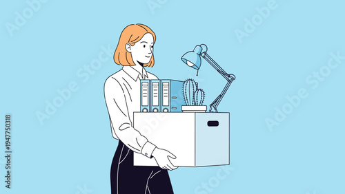 Happy female office worker carrying a cardboard box with stationery and supplies after getting a new job promotion or resignation.