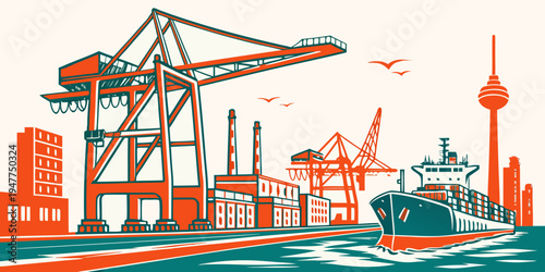 A large cargo ship sails through a busy port with cranes and buildings Vector